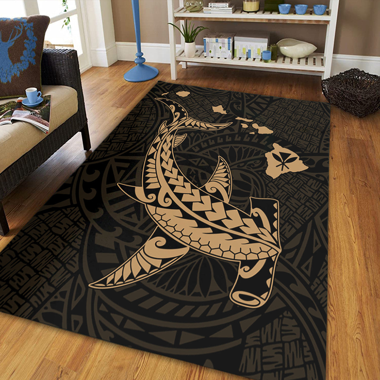 Hawaii Hawaiian Native Map Hammerhead Shark Gold Area Rug