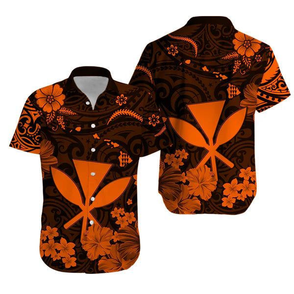 Hawaii Kanaka Polynesian With Orange Hibicus Hawaiian Shirt For Men/Women
