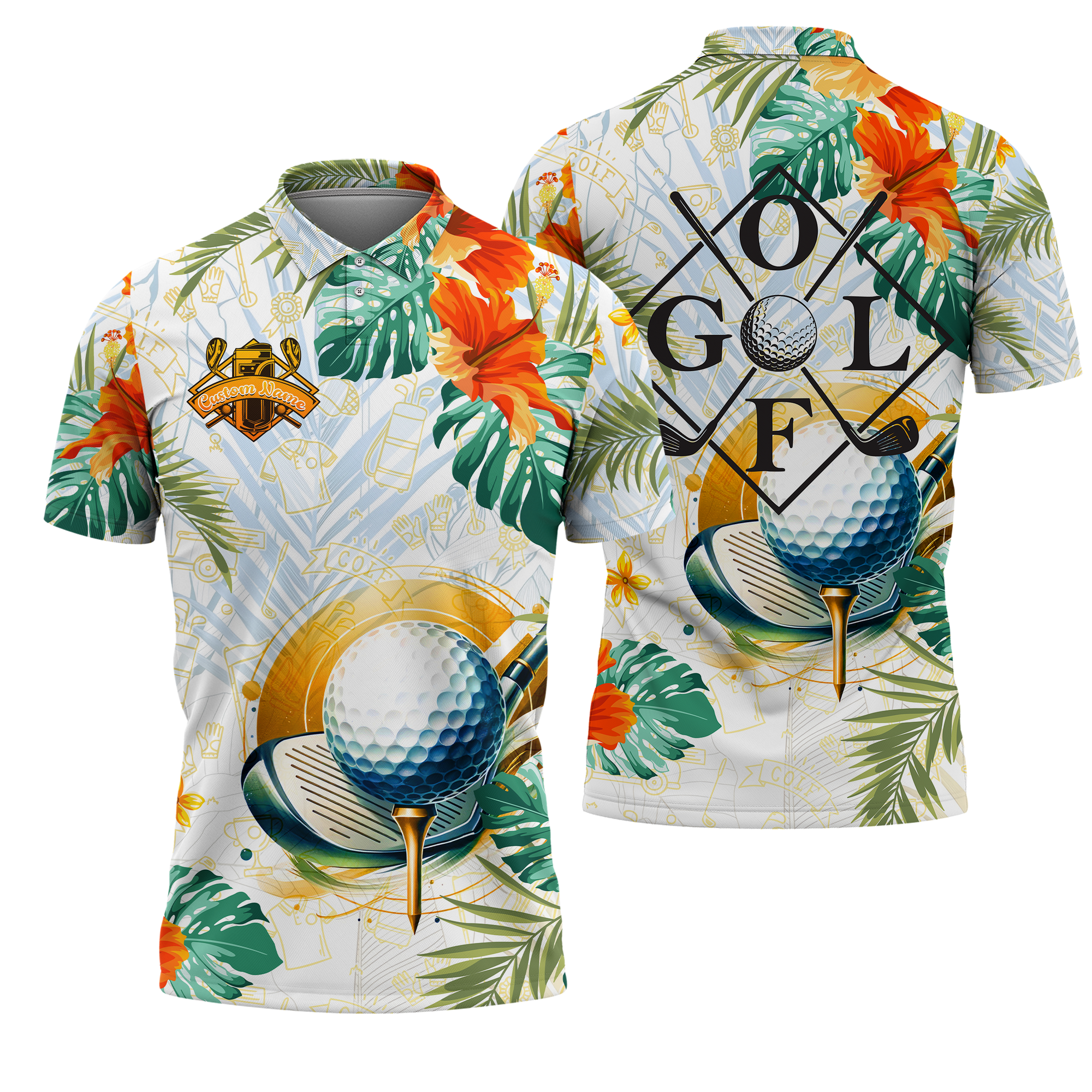 Personalised - Golf With Hibucus Pattern Polo Shirt Unisex