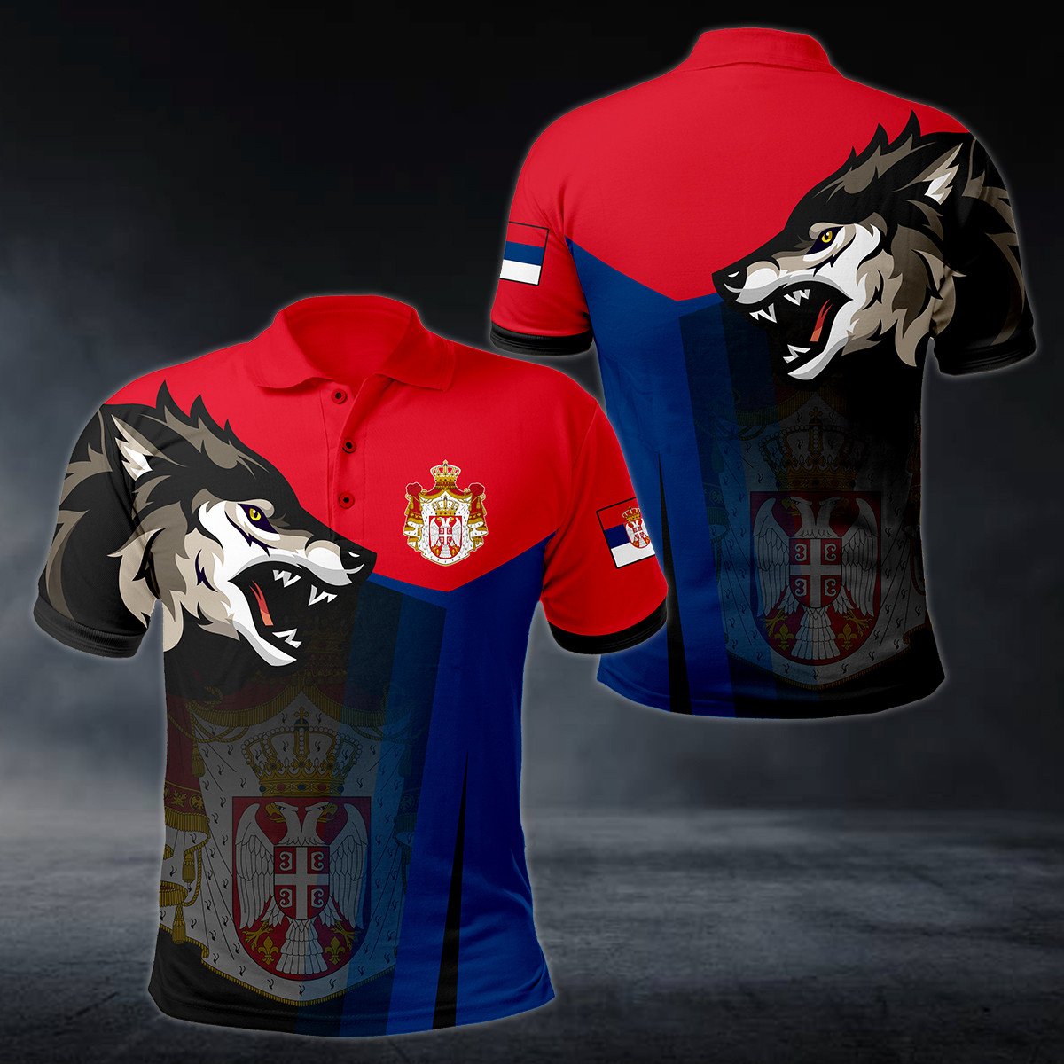 Serbia Big Coat Of Arms Wolf Head Polo Shirt - AL01