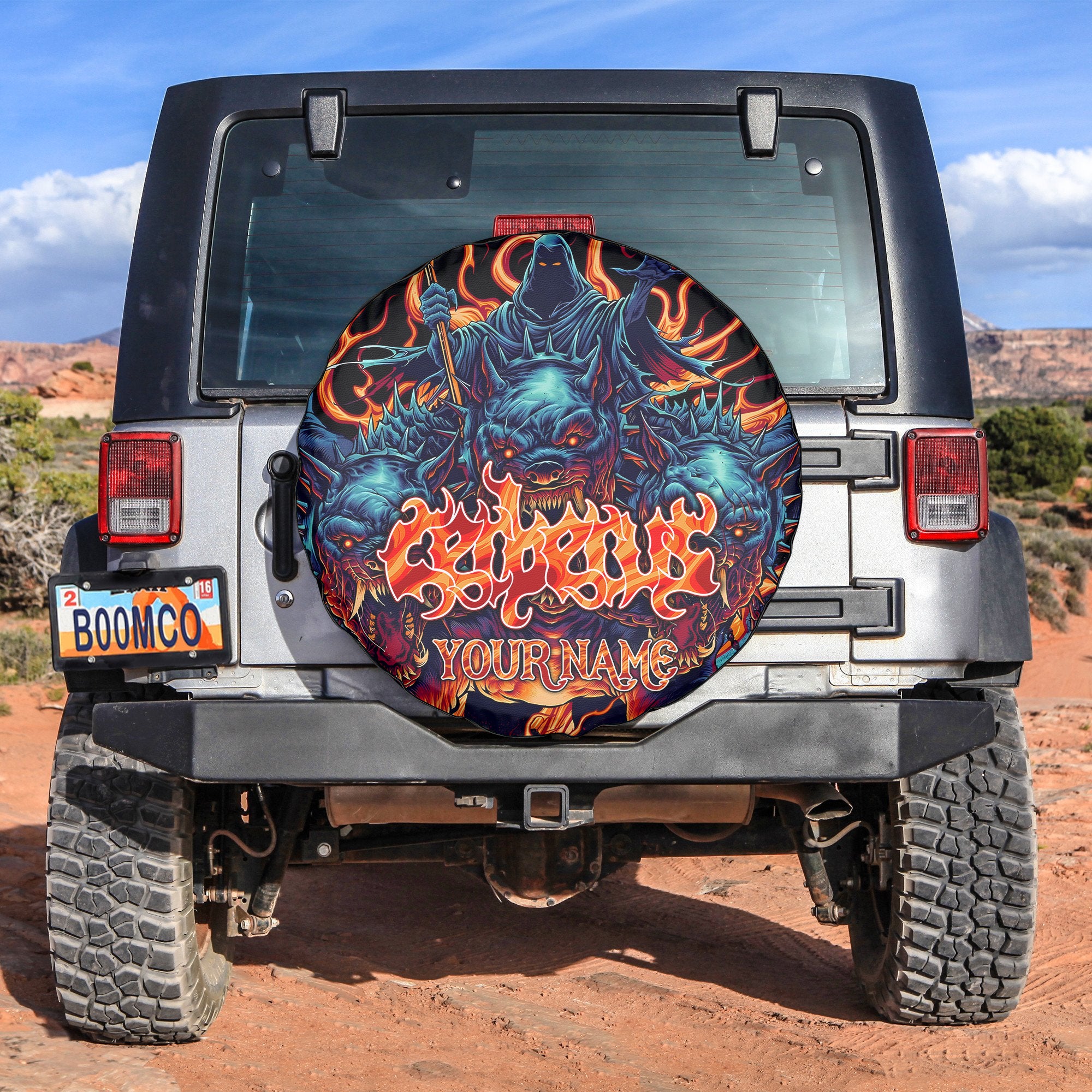 Personalised Cerberus Flame Design Halloween Vibes Spare Tire Cover - TH02
