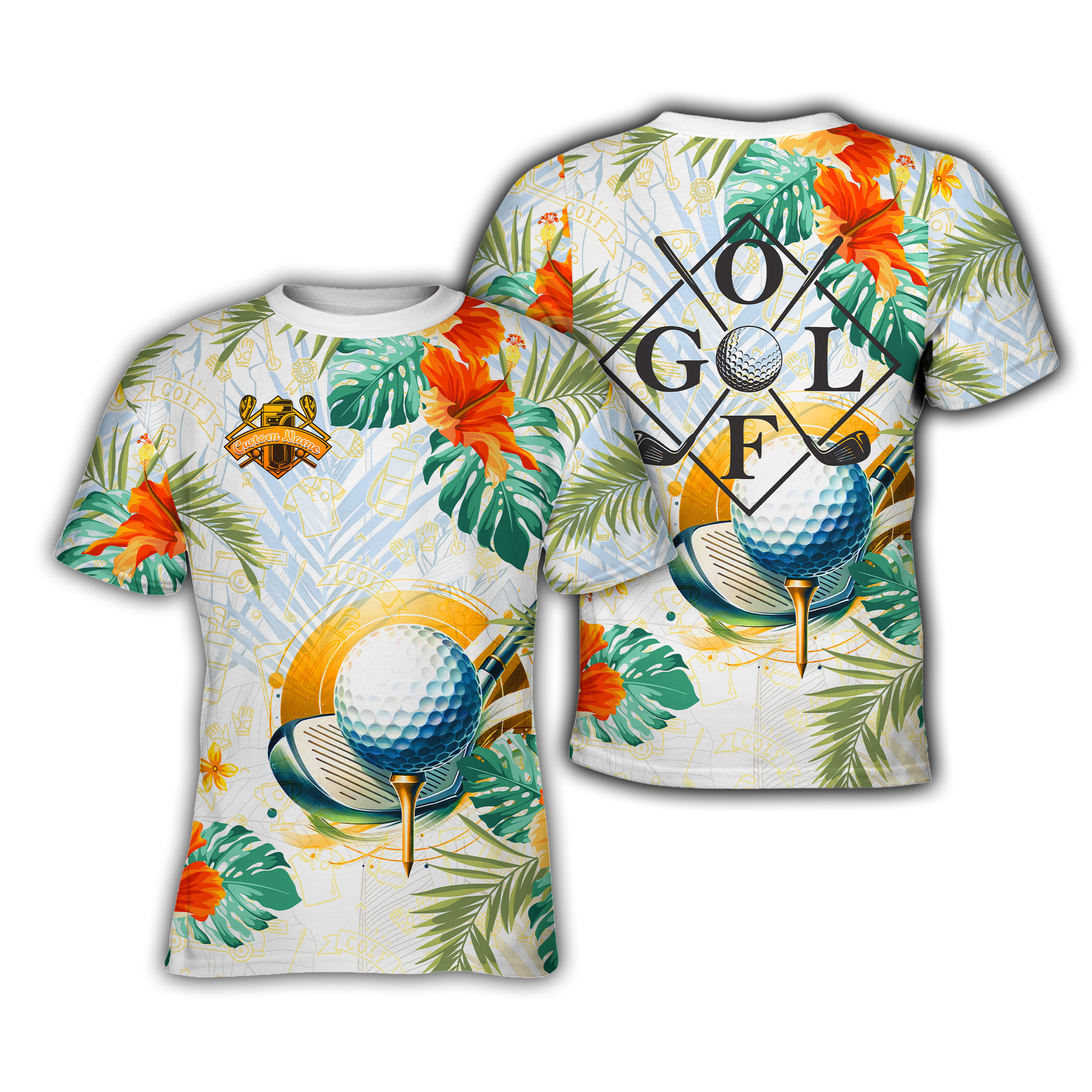 Personalised - Golf With Hibucus Pattern T-shirt Unisex