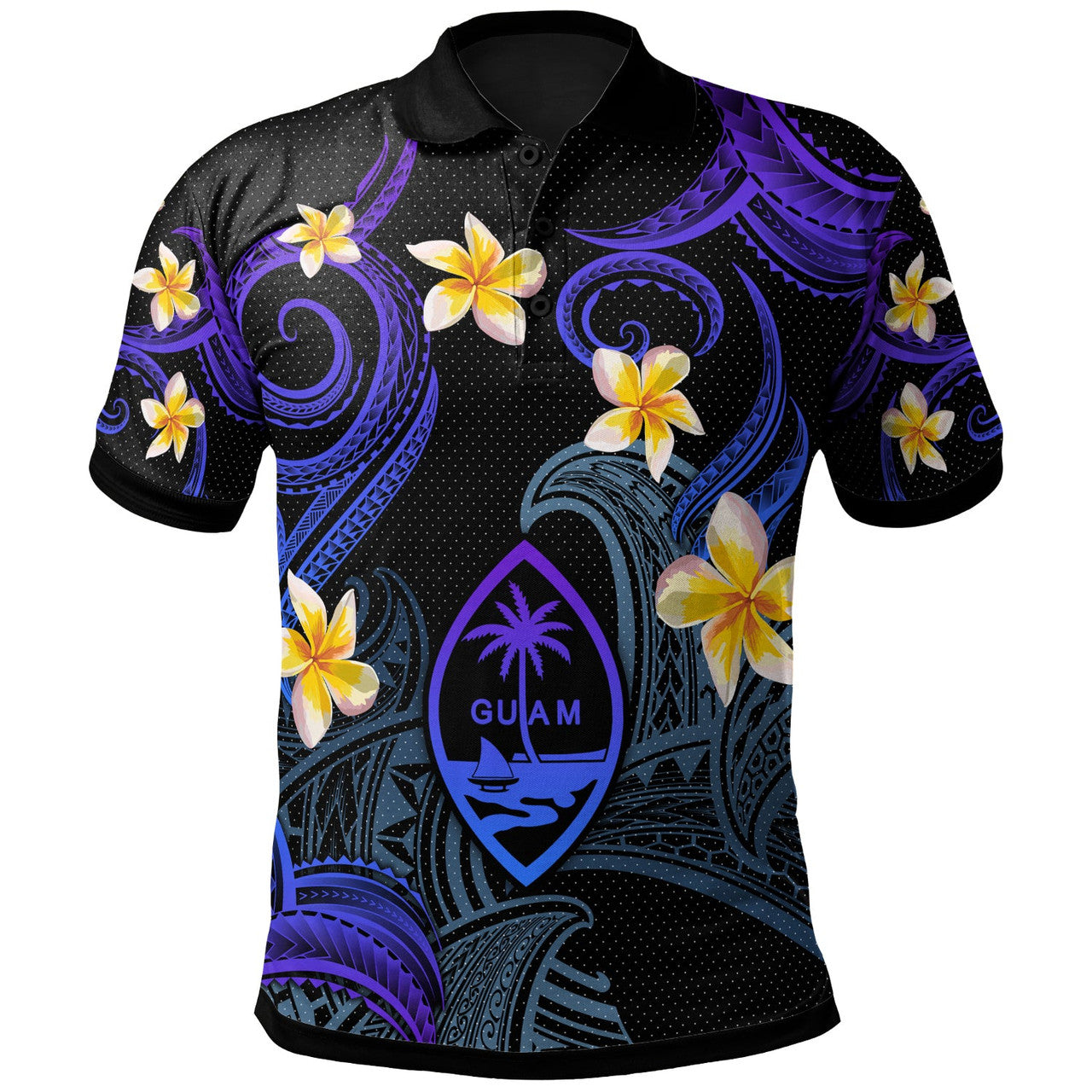 Guam Polynesian Waves with Plumeria Flowers Polo Shirt Unisex