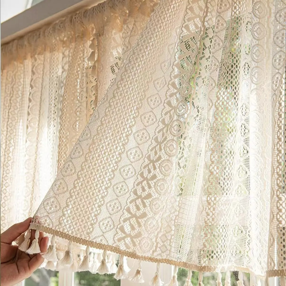 Vintage Lace Window Panel with Tassels
