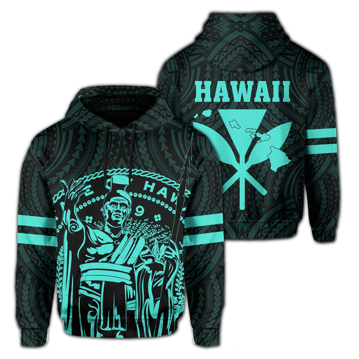 Hawaii King Kanaka Map Seal With Polynesian Turquoise Hoodie Unisex