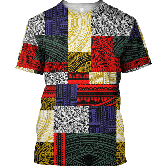Polynesian All Over Design Retro Patchwork T-Shirt