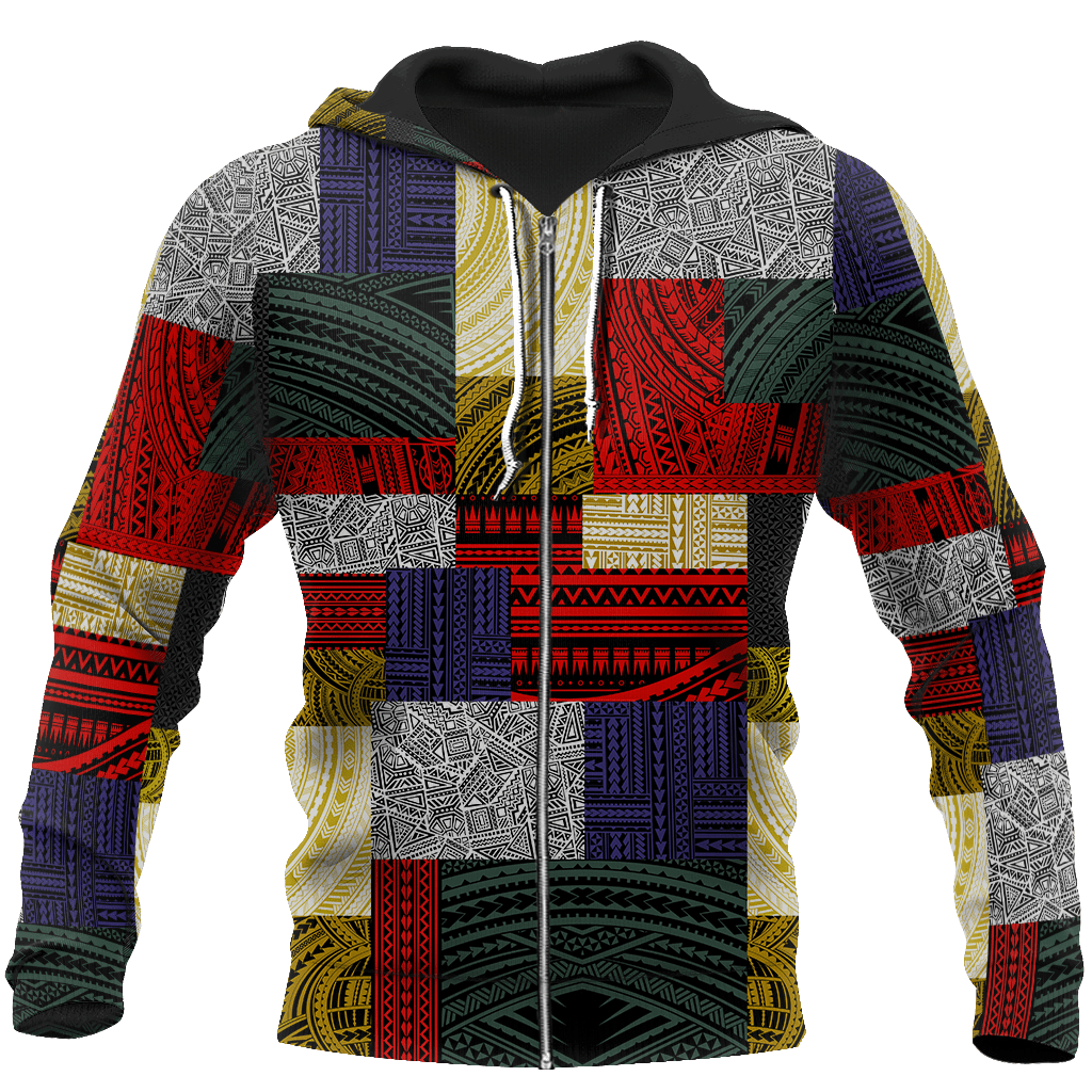 Polynesian All Over Design Retro Patchwork Hoodie