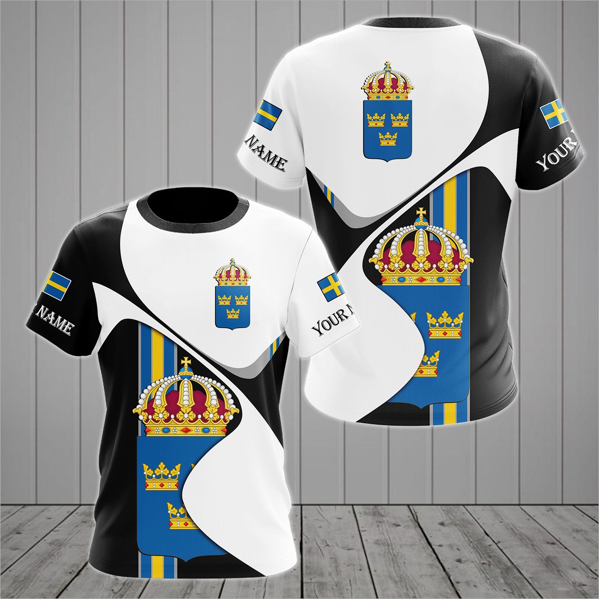 Personalised Sweden Coat Of Arms White Wave T-shirt - AL01