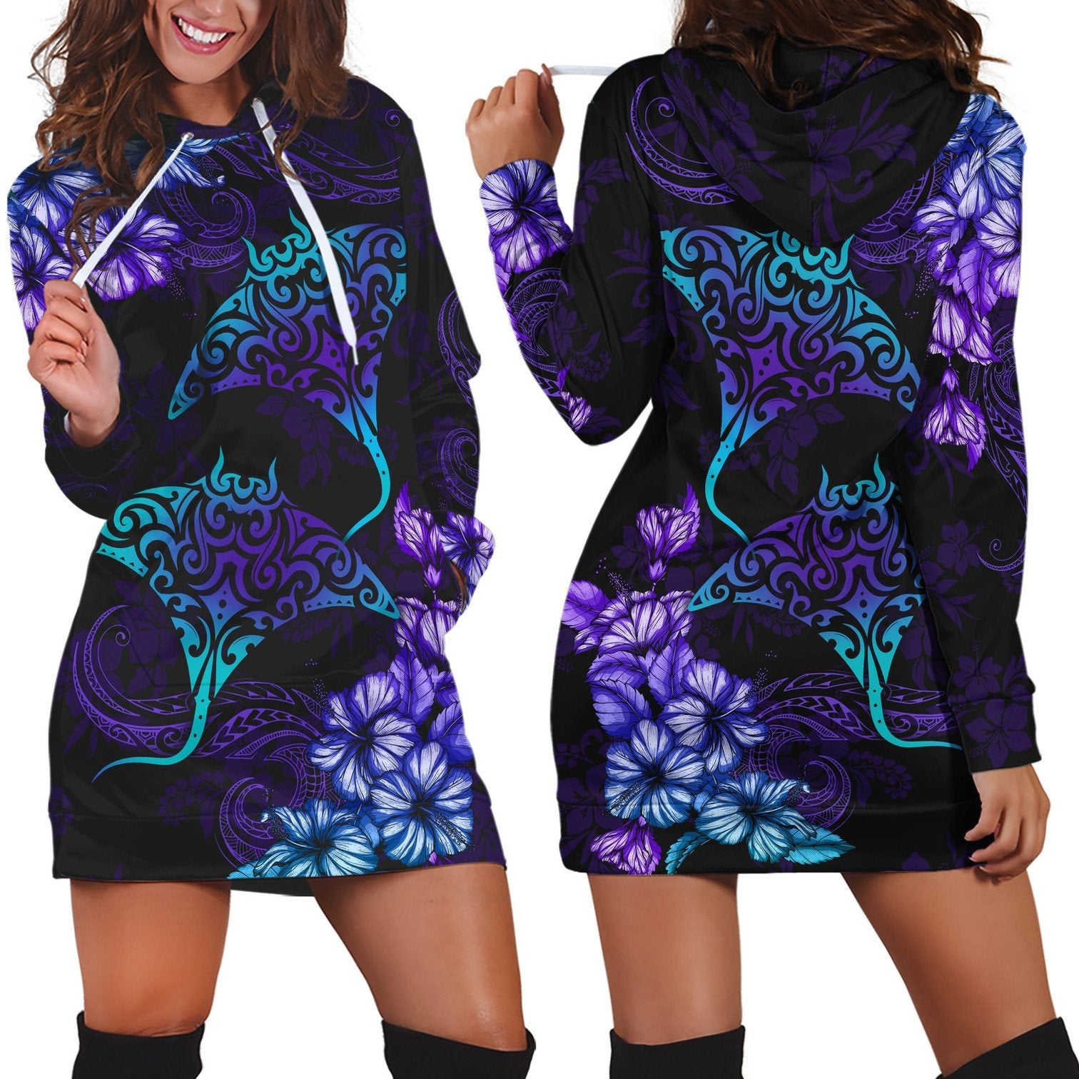 Beautiful Ray Hibiscus Hoodie Dress For Women