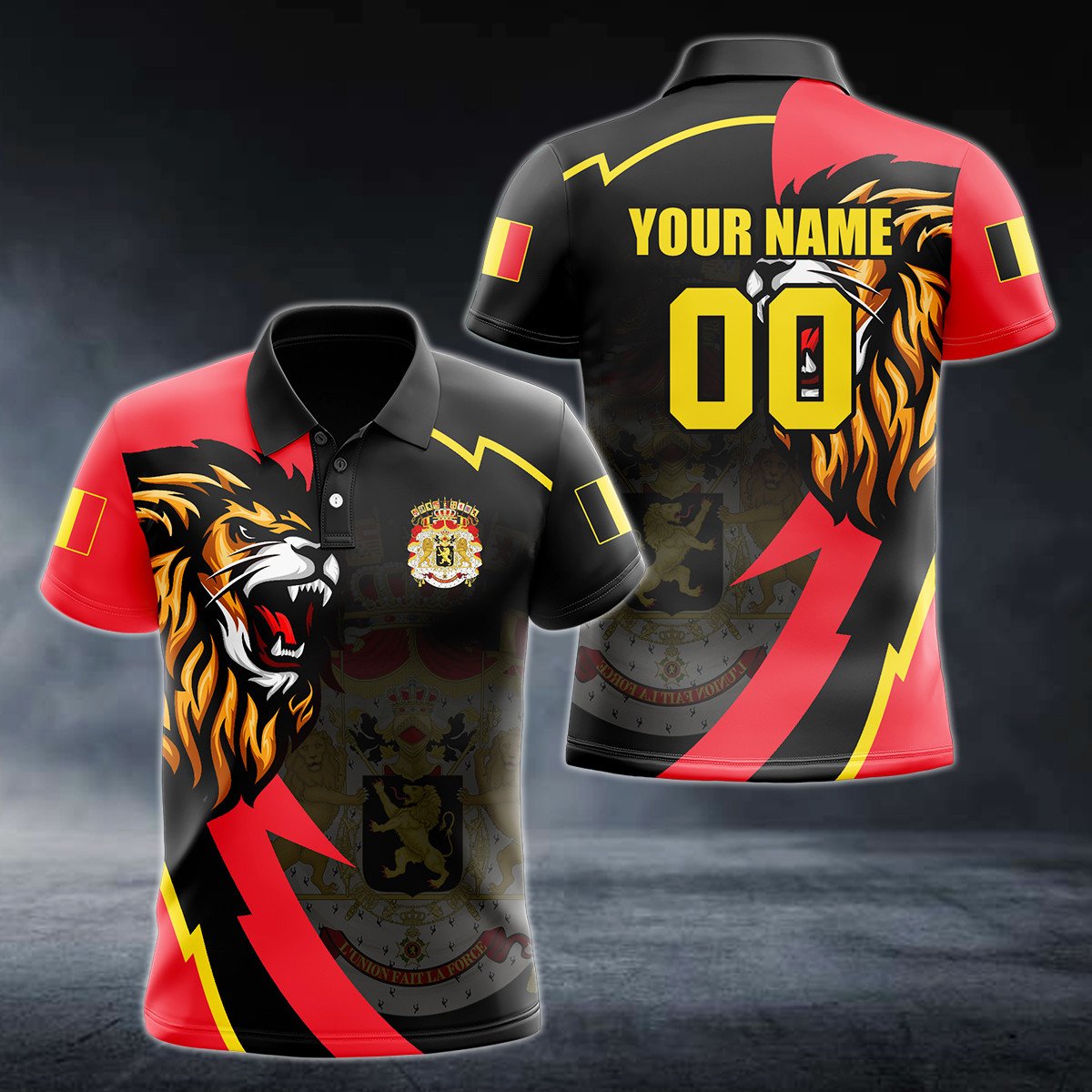 Personalised Belgium Lion Lightning 3D Polo Shirt - AL01