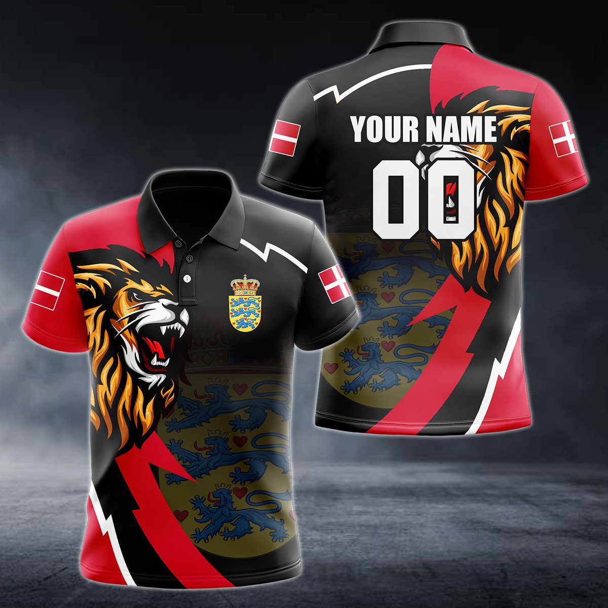 Personalised Denmark Lion Lightning 3D Polo Shirt - AL01