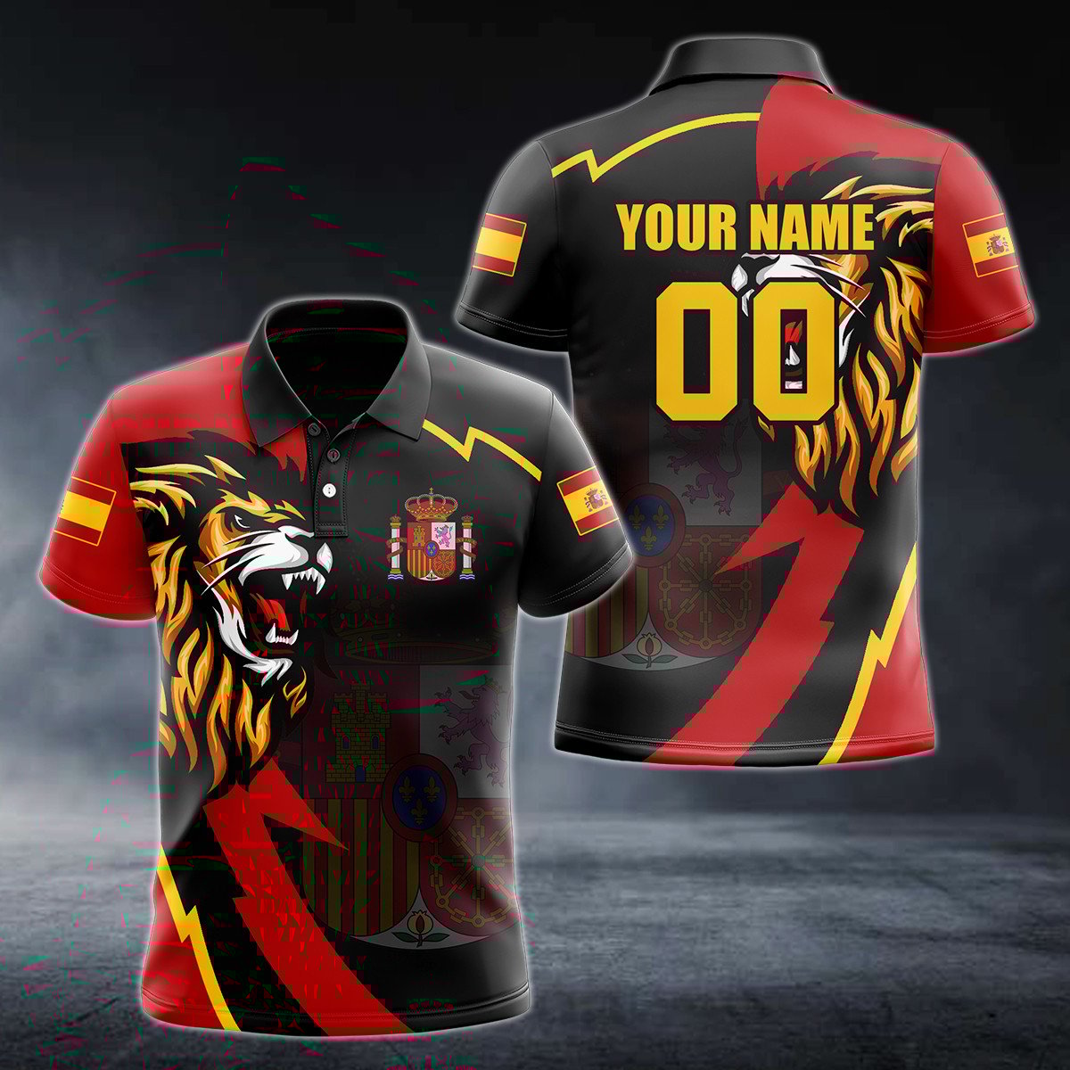 Personalised Spain Lion Lightning 3D Polo Shirt - AL01