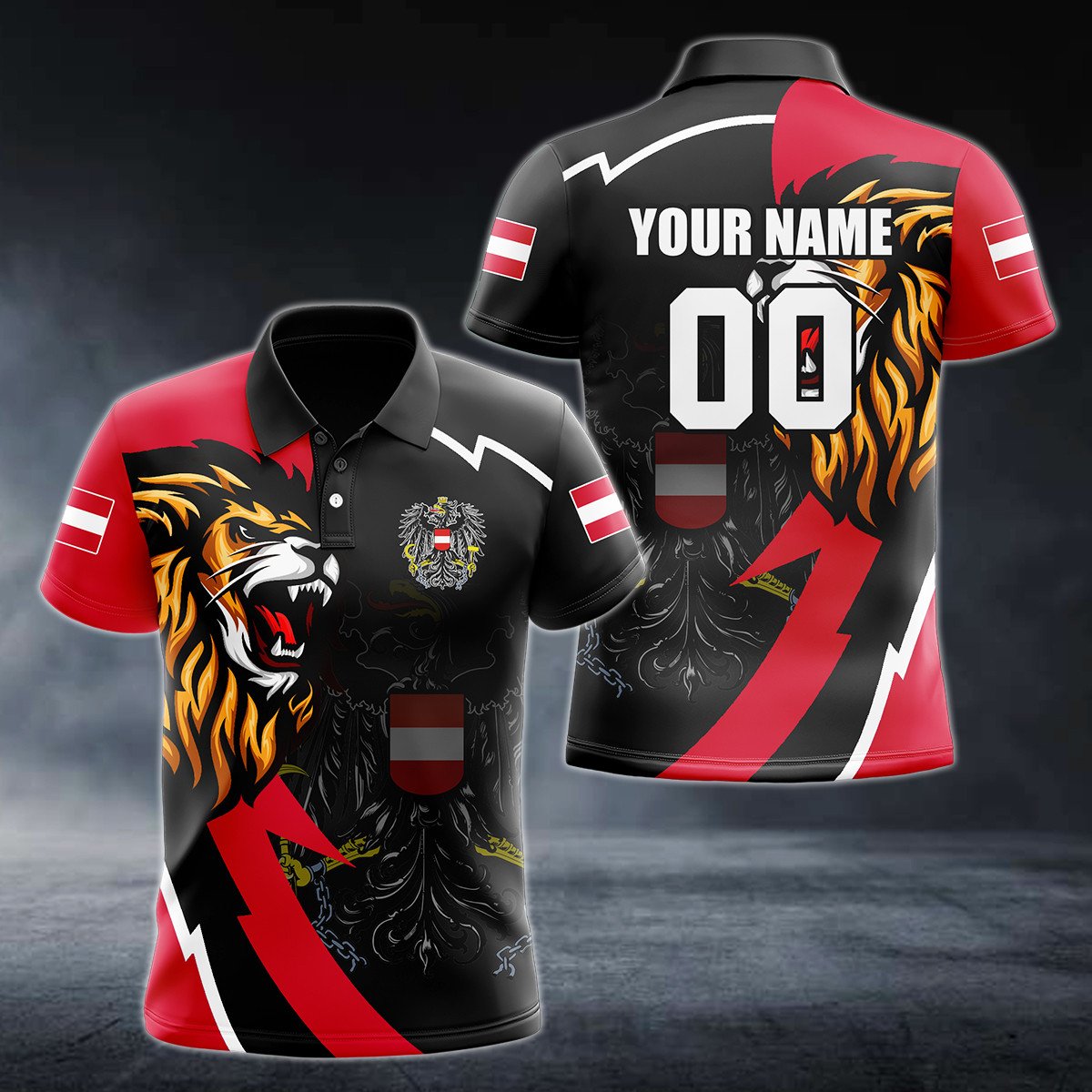 Personalised Austria Lion Lightning 3D Polo Shirt - AL01