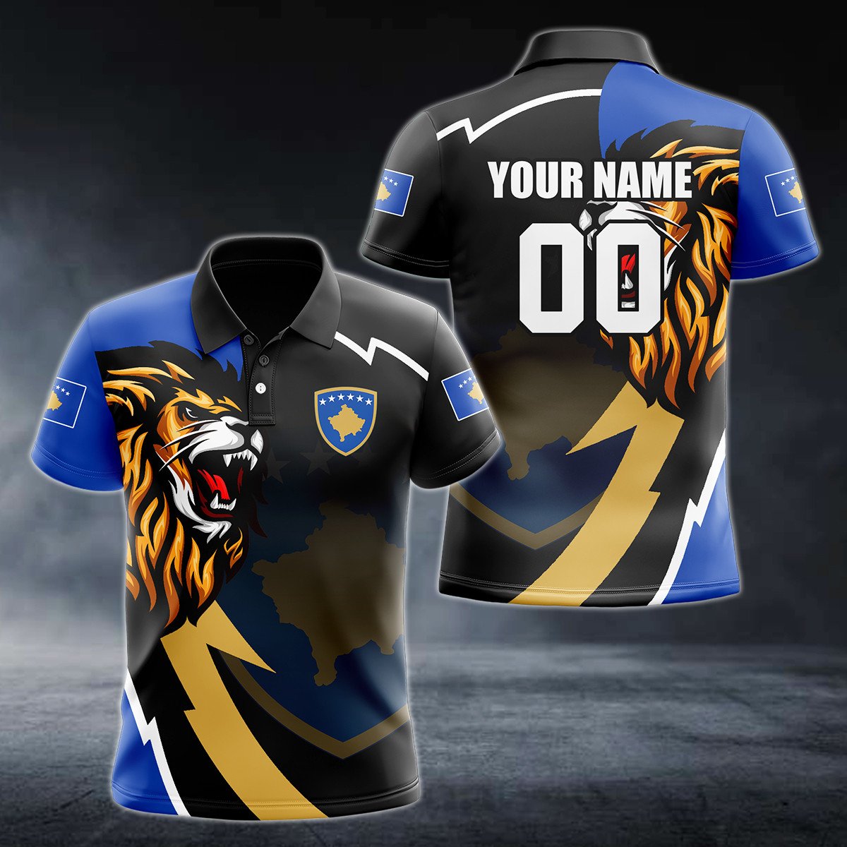 Personalised Kosovo Lion Lightning 3D Polo Shirt - AL01