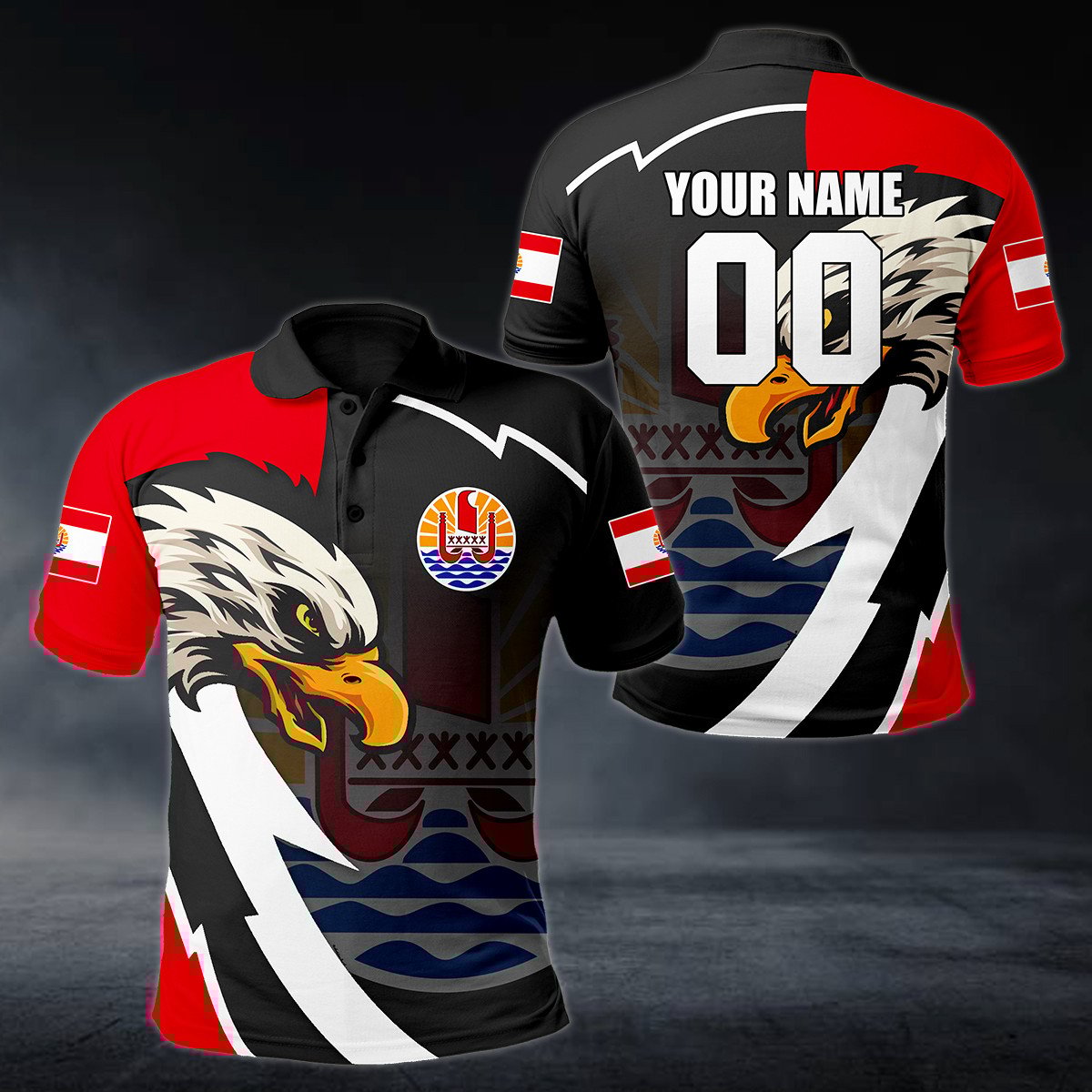 Personalised French Polynesia Eagle Lightning 3D Polo Shirt - AL01