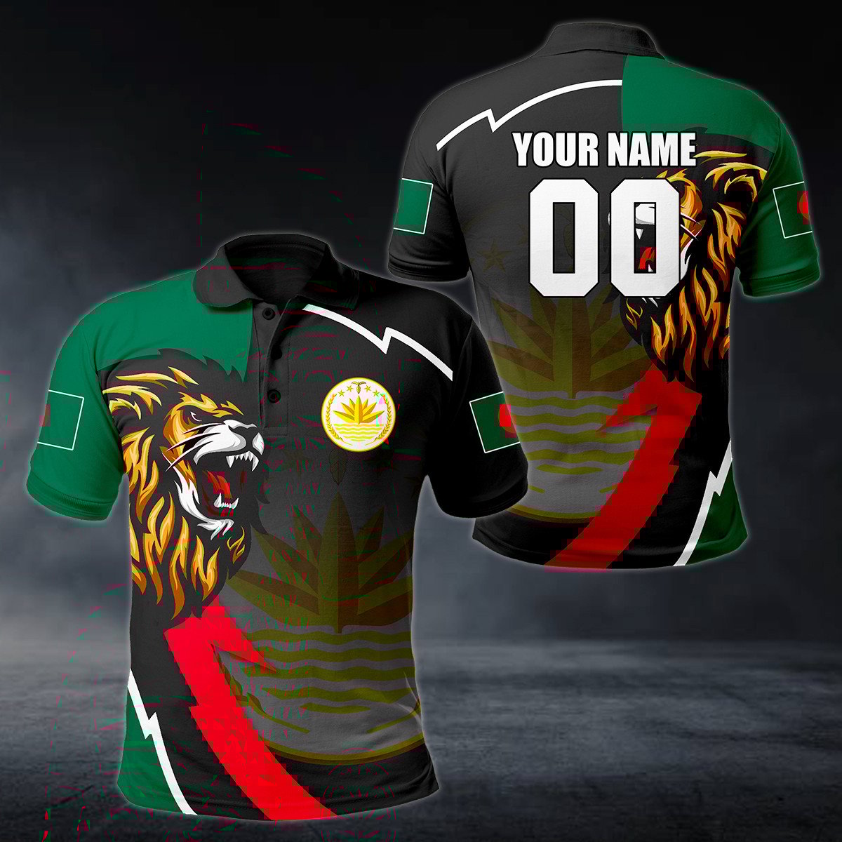 Personalised Bangladesh Lion Lightning 3D Polo Shirt - AL01