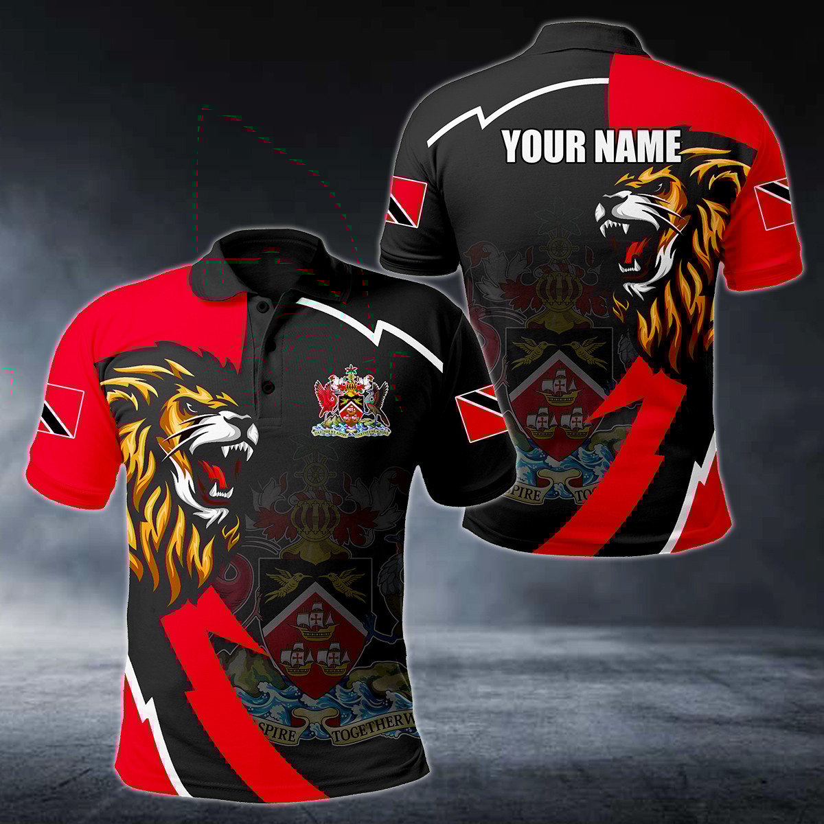 Personalised Trinidad And Tobago Lion Lightning 3D Polo Shirt - AL01