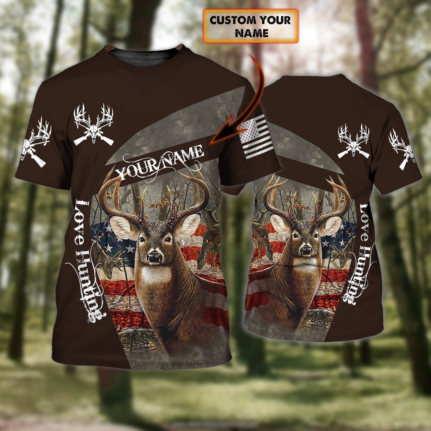 Personalised -America Flag Deer Hunting T-Shirt For Men/Women