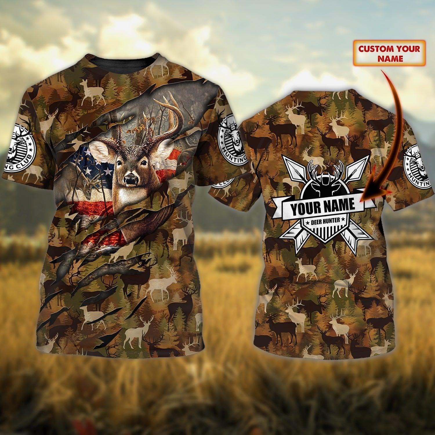 Personalised - Deer Hunting With Flag T-Shirt For Men/Women