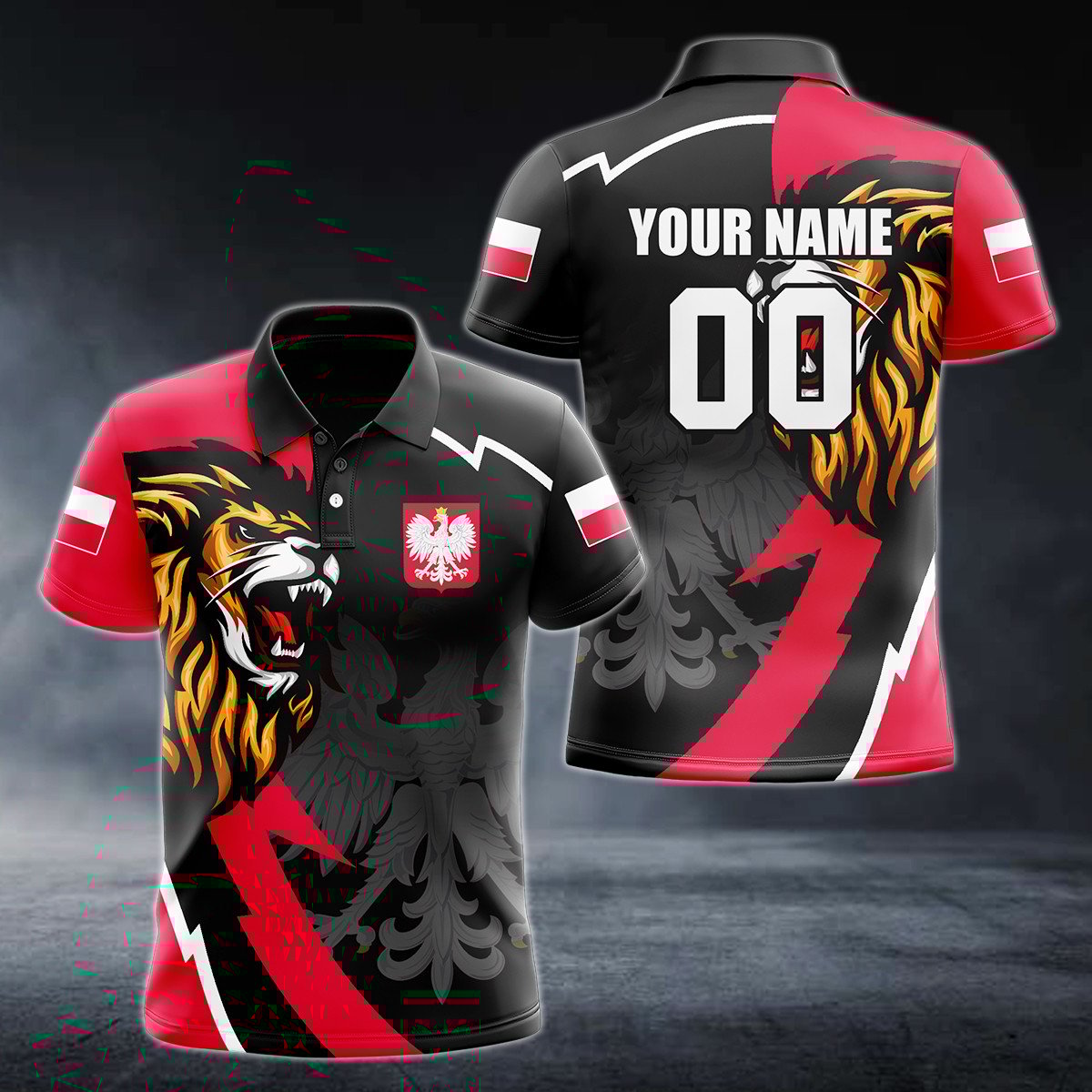Personalised Poland Lion Lightning 3D Polo Shirt - AL01