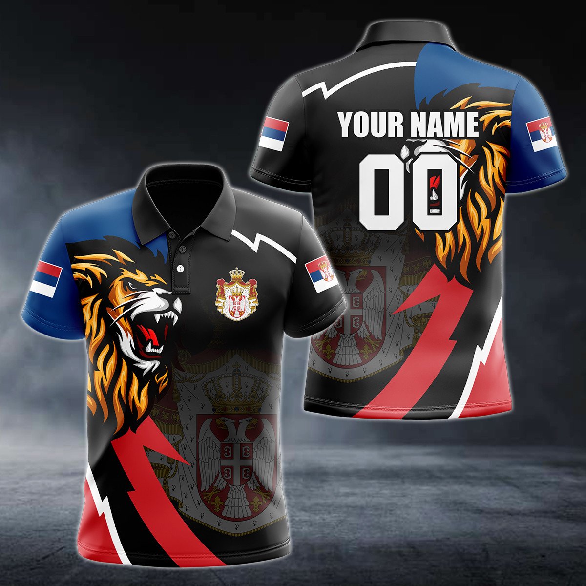 Personalised Serbia Lion Lightning 3D Polo Shirt - AL01