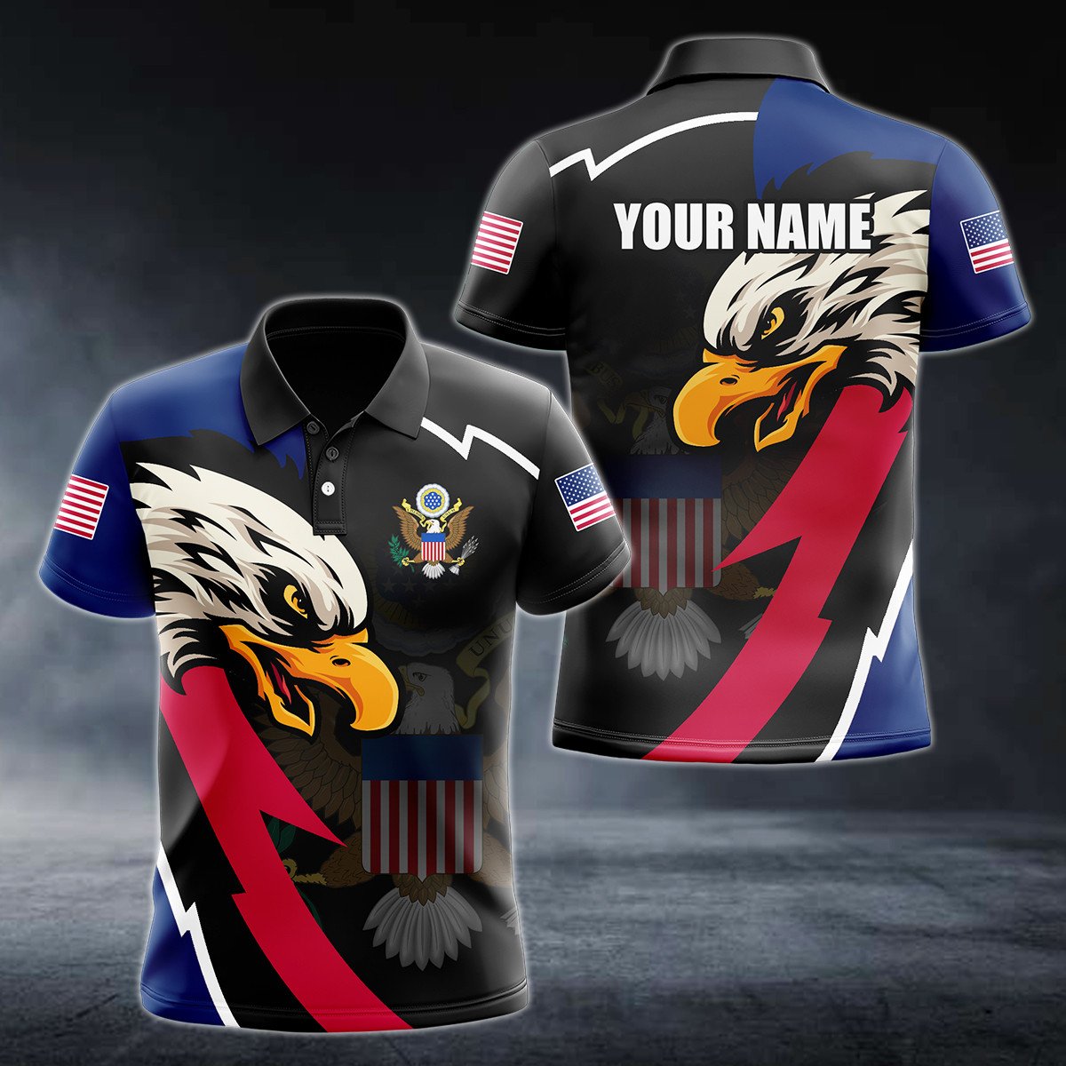 Personalised United States Eagle Lightning 3D Polo Shirt - AL01