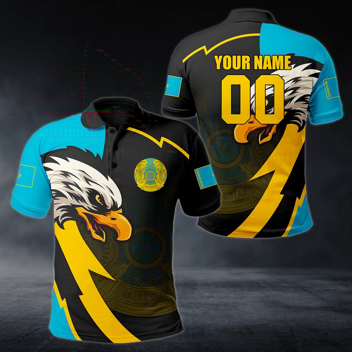 Personalised Kazakhstan Eagle Lightning 3D Polo Shirt - AL01