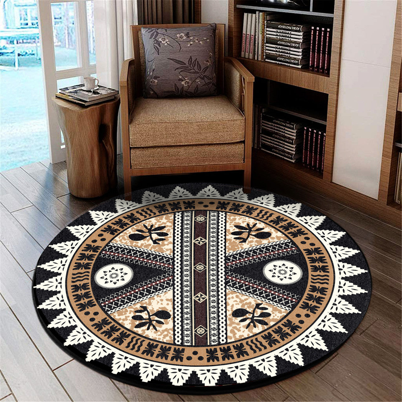 Fiji Pattern Masi Style Round Rug