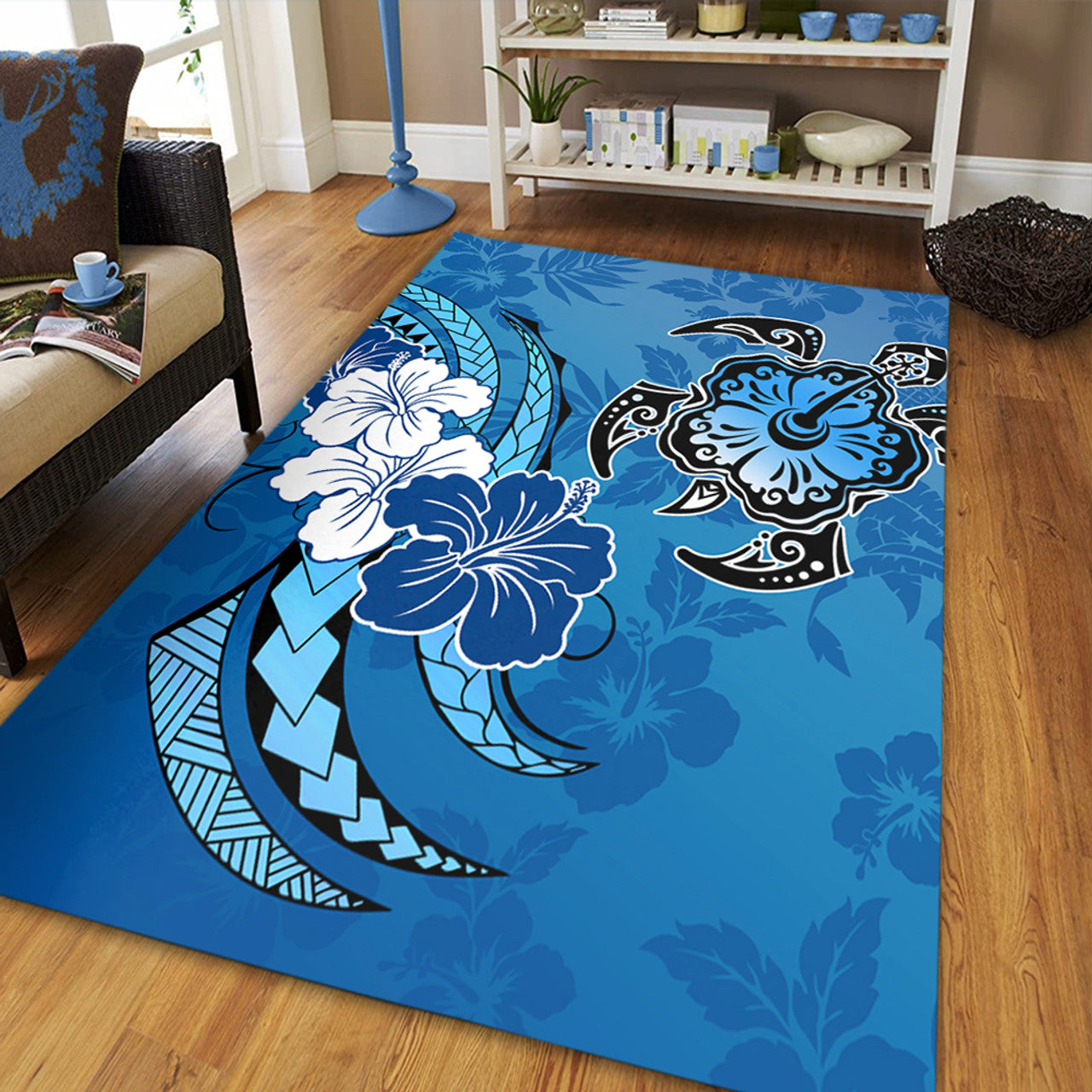 Hawaii Hibiscus Flower And Sea Turtle Polynesian Area Rug