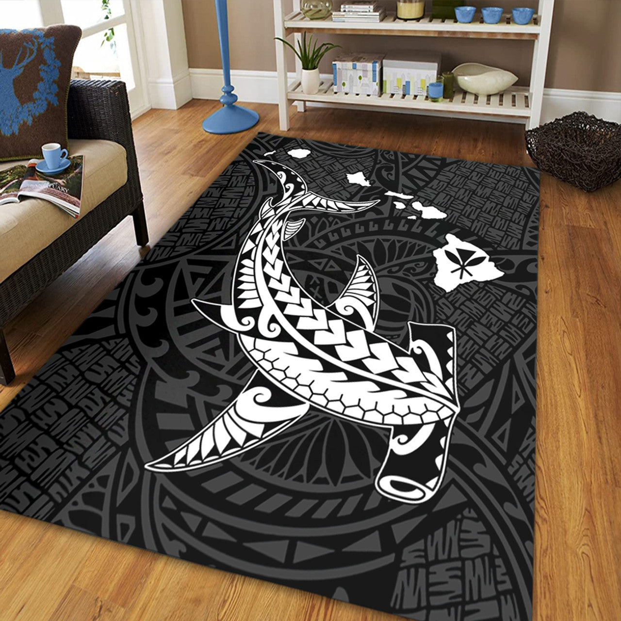Hawaii Hawaiian Native Map Hammerhead Shark White Area Rug