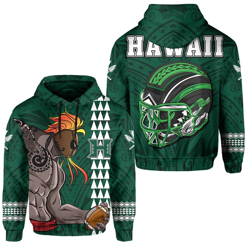 Hawaii Warrior Helmet Football Kanaka Kakau Hawaii Green Hoodie Unisex