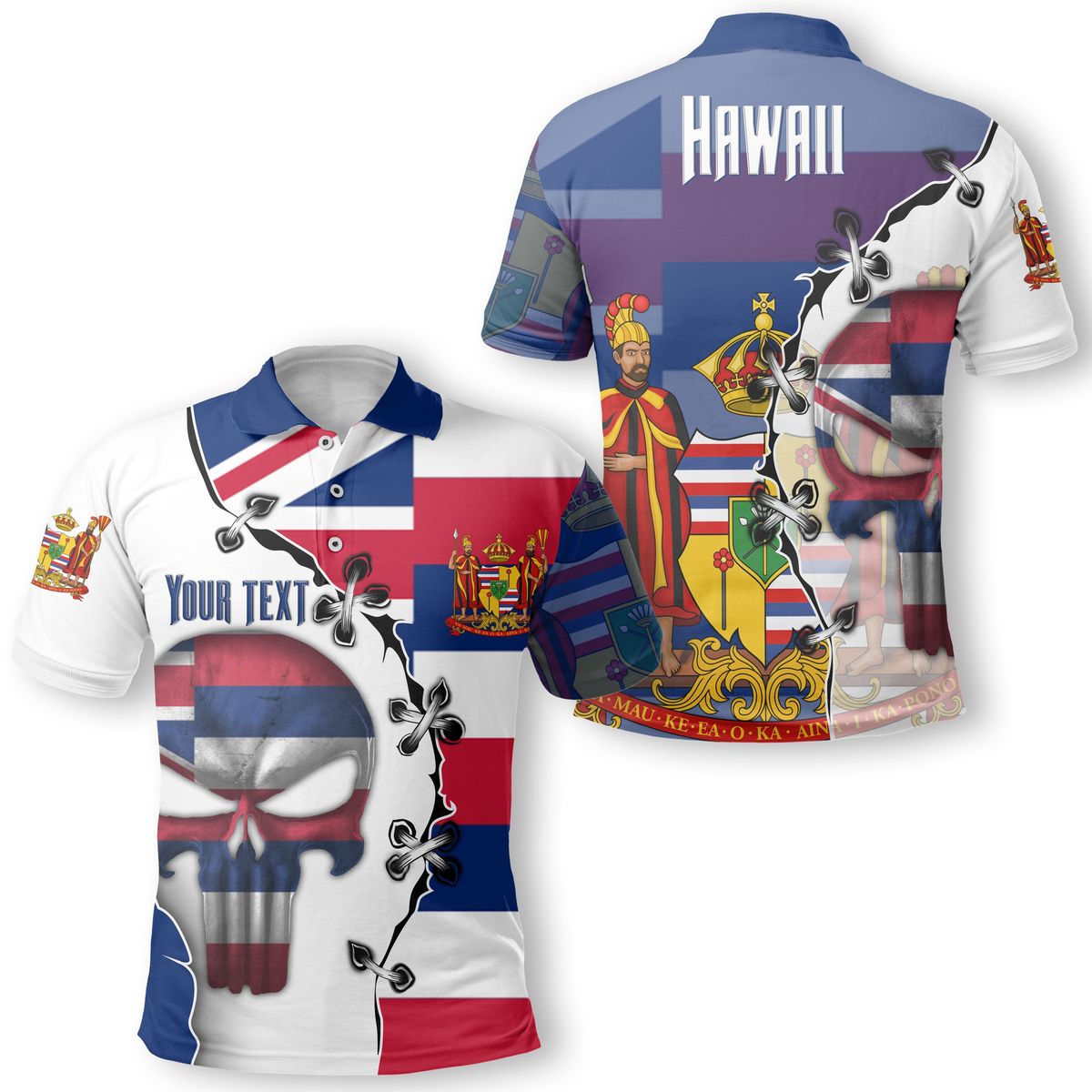 Personalised - Hawaii Flag & Coat Of Arms Skull Style Polo Shirt Unisex