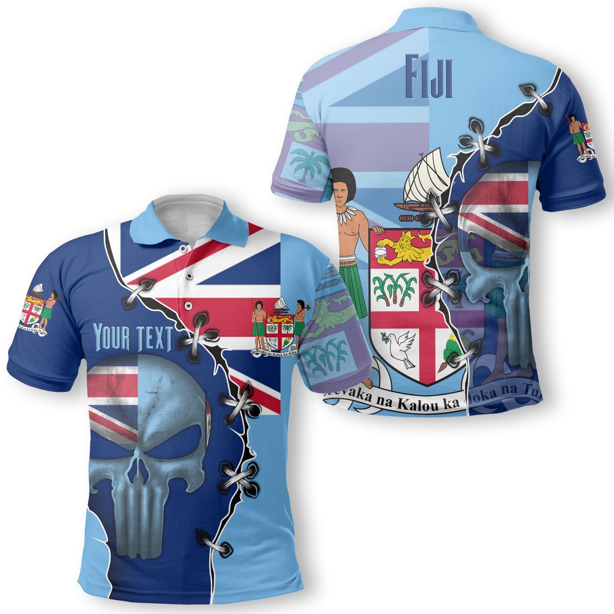 Personalised - Fiji Flag & Coat Of Arms Skull Style Polo Shirt Unisex