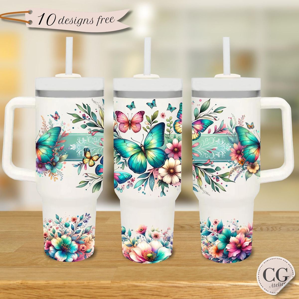 Floral Butterflies Handle With Tumbler – Size 40oz