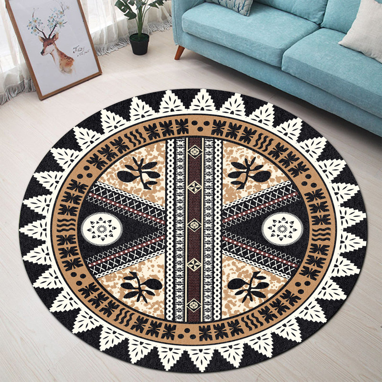 Fiji Pattern Masi Style Round Rug