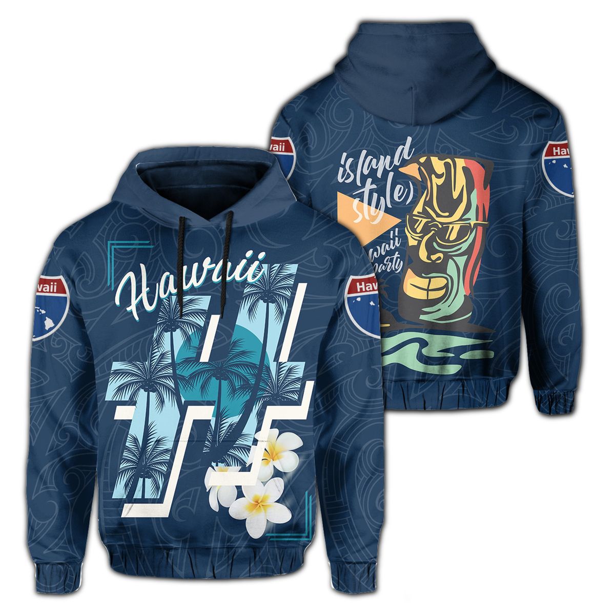 Hawaii Map Plumeria Coconut Blue Hoodie Unisex
