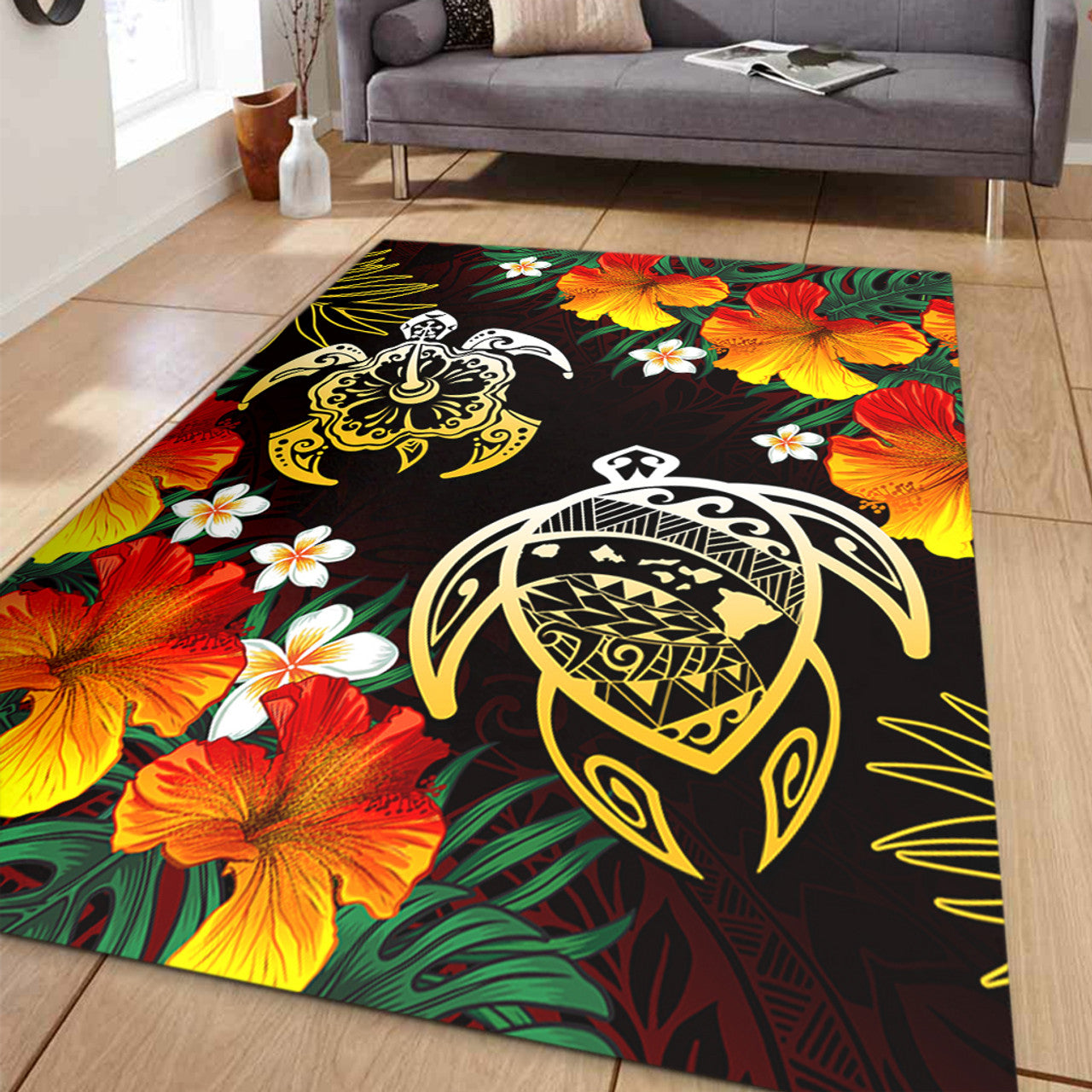 Hawaii Polynesian Tribal Floral Turtle Area Rug