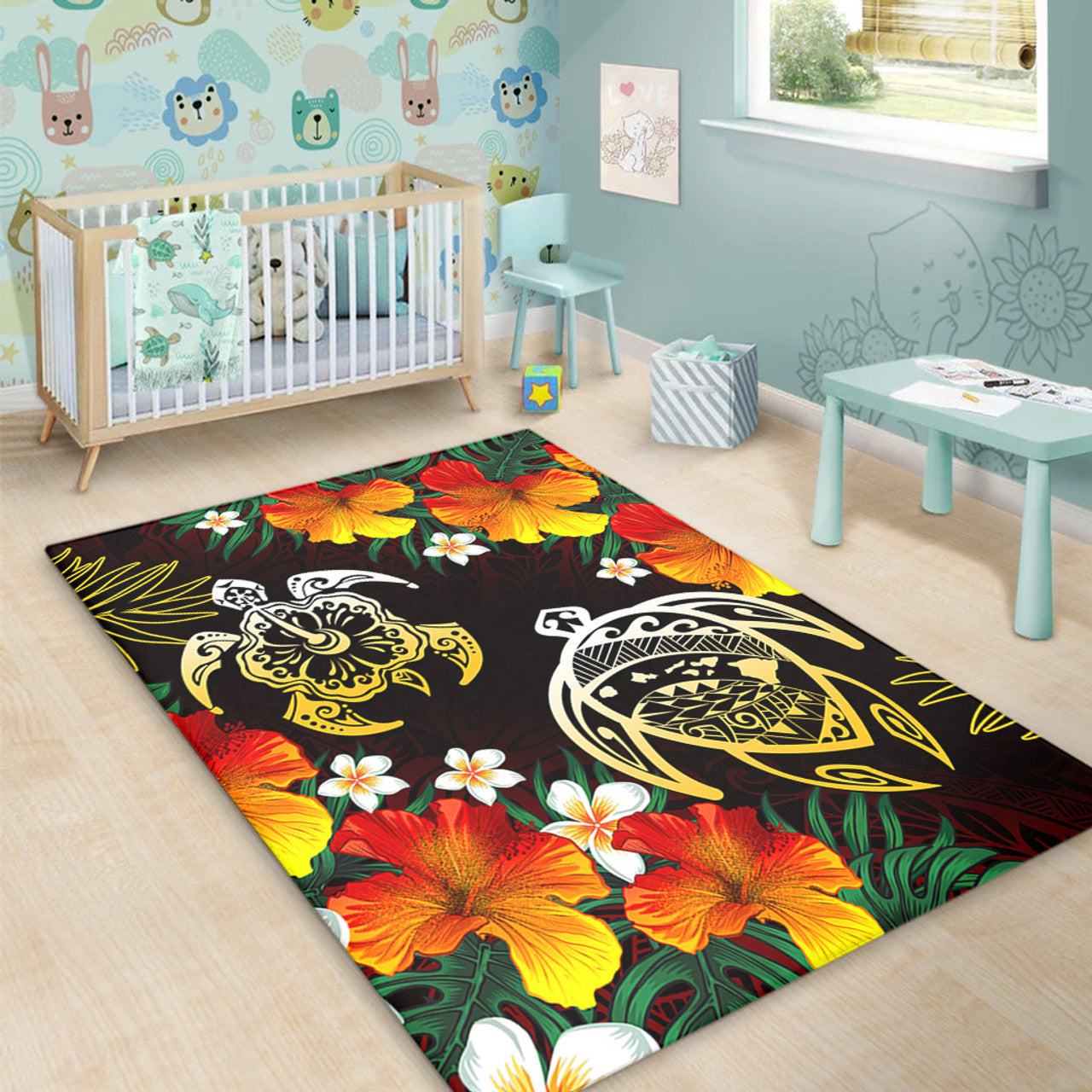 Hawaii Polynesian Tribal Floral Turtle Area Rug