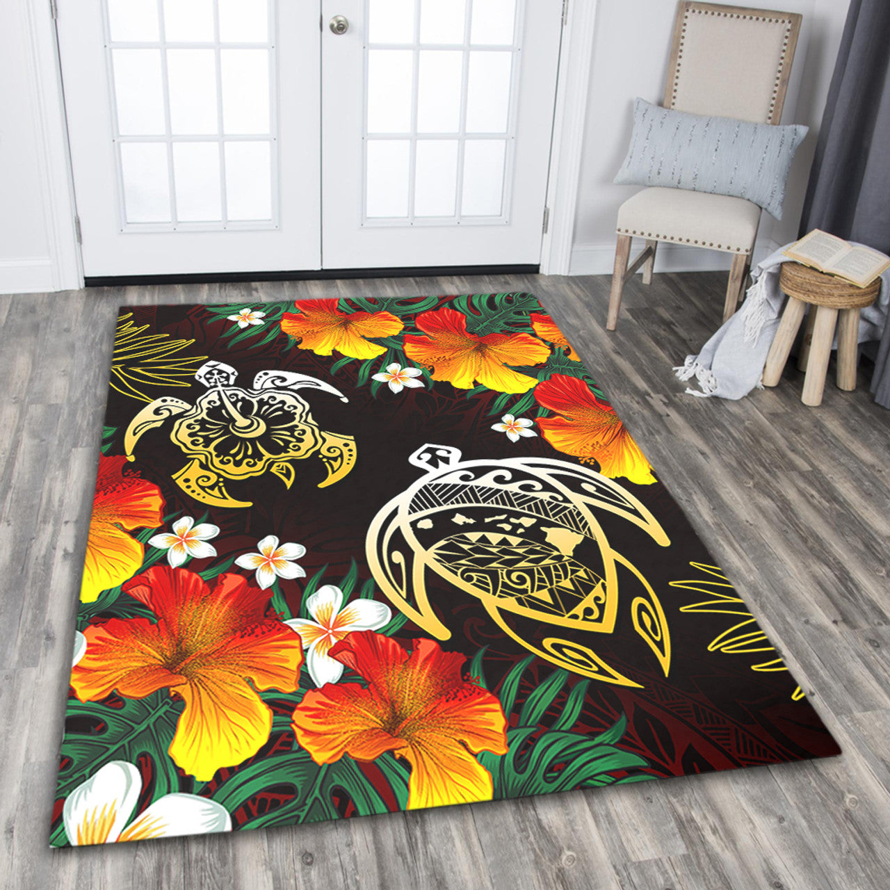 Hawaii Polynesian Tribal Floral Turtle Area Rug