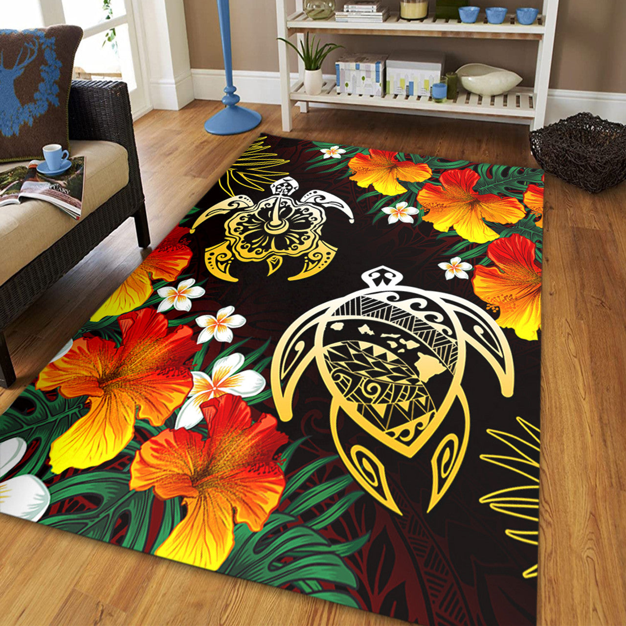 Hawaii Polynesian Tribal Floral Turtle Area Rug