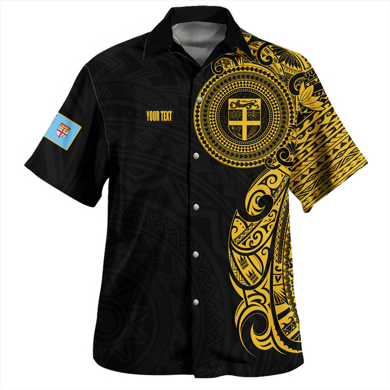 Personalised - Fiji Polynesian Half Sleeve Gold Tattoo With Seal Black Hawaiian Shirt Unisex