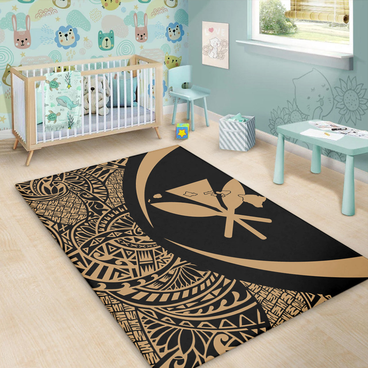 Hawaii Kanaka Maoli Hawaiian Map Lauhala Gold Circle Area Rug