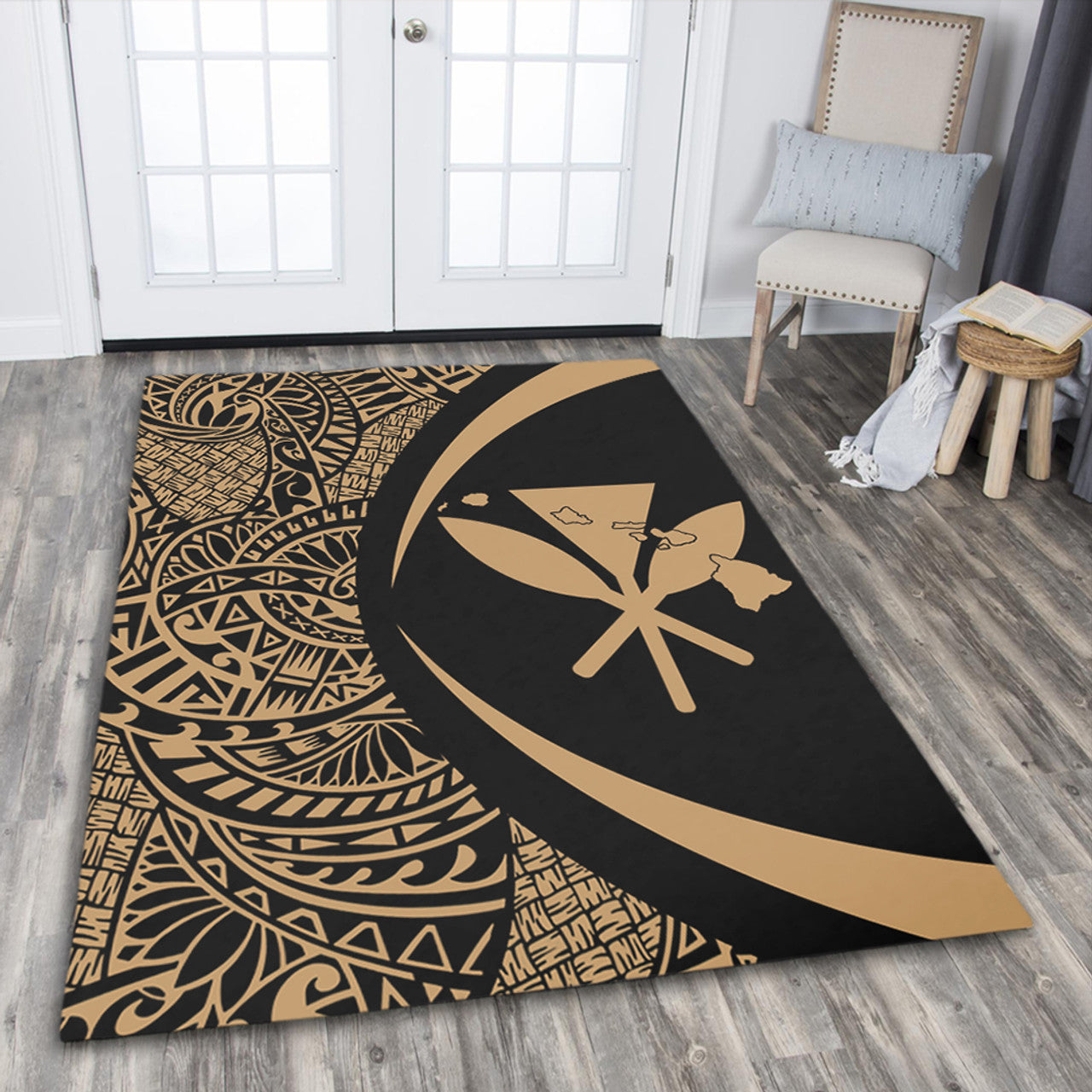 Hawaii Kanaka Maoli Hawaiian Map Lauhala Gold Circle Area Rug