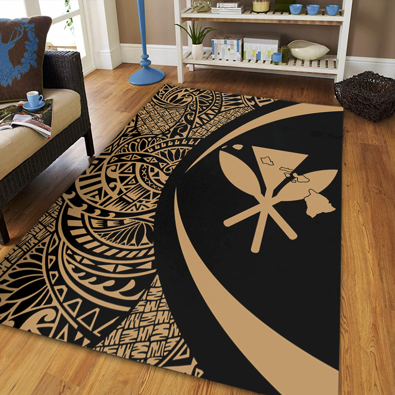 Hawaii Kanaka Maoli Hawaiian Map Lauhala Gold Circle Area Rug