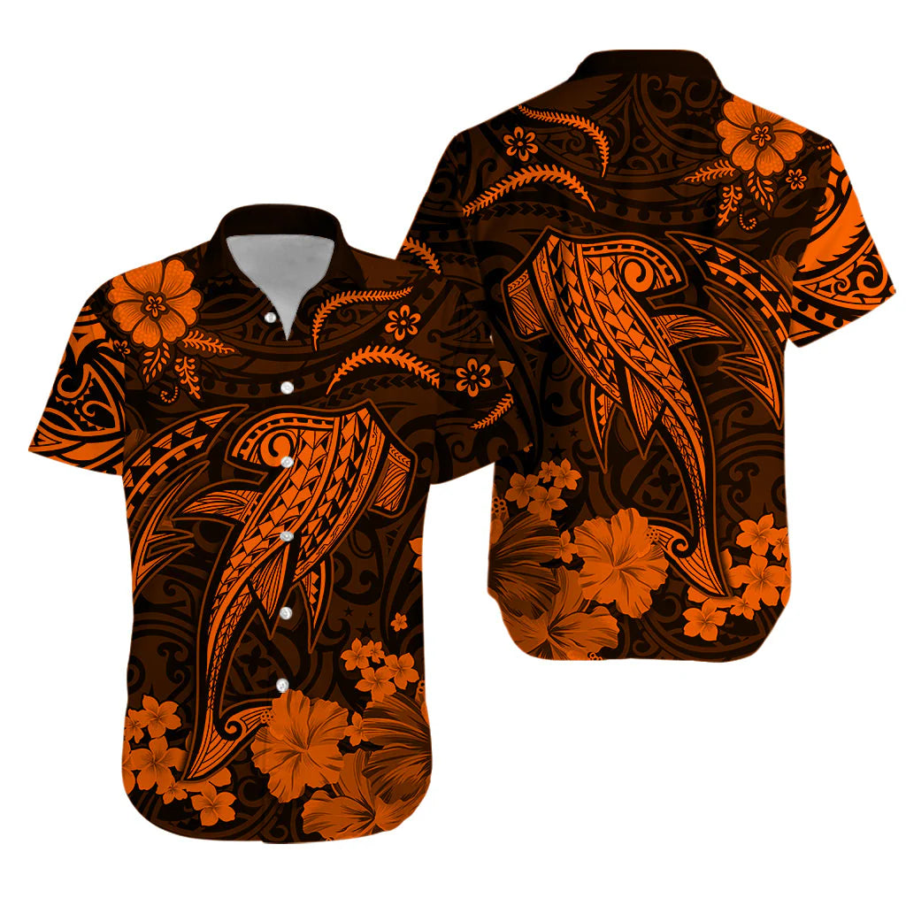 Hawaii Shark Polynesian With Orange Hibicus Hawaiian Shirt For Men/Women