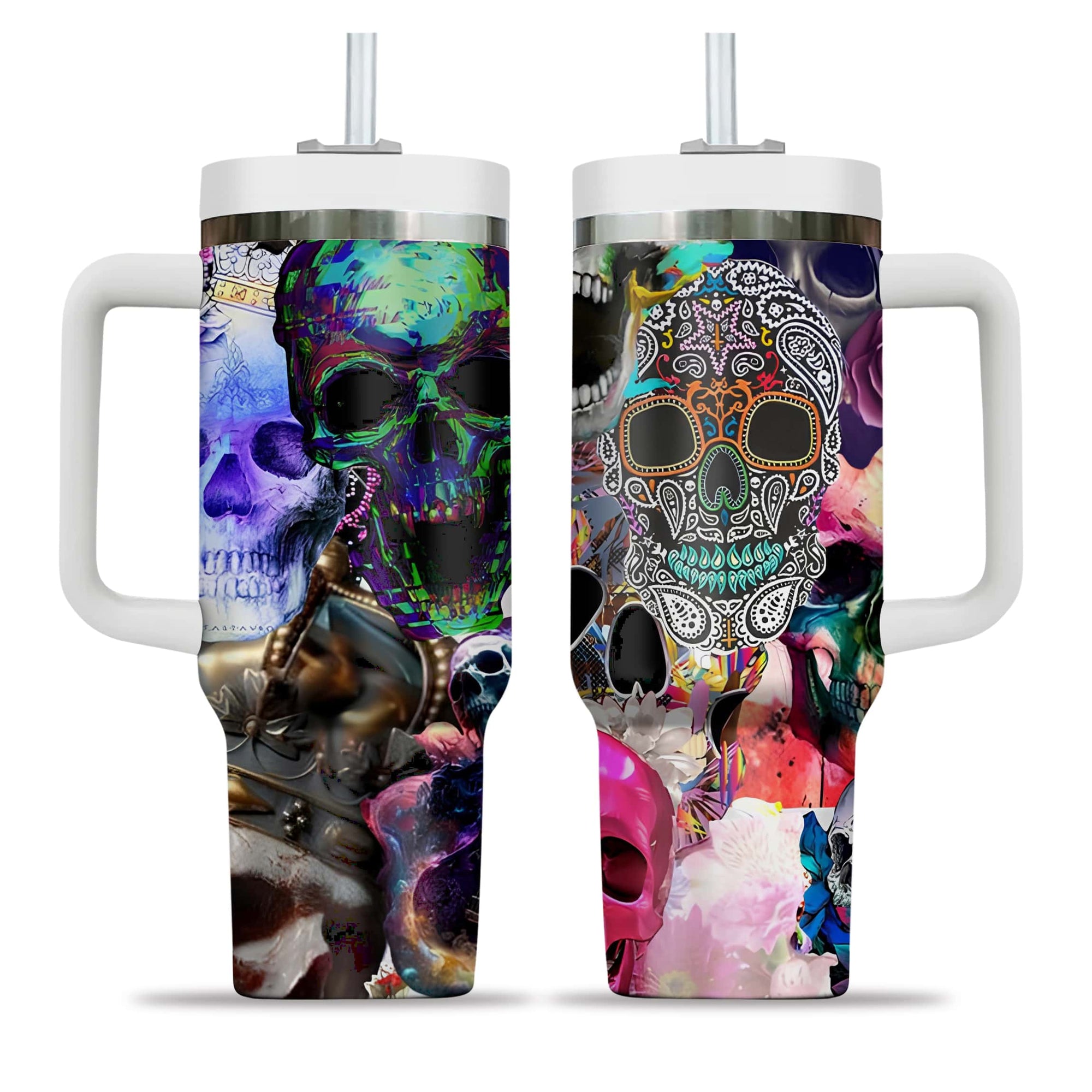 Skull Art Design Halloween Vibes Handle With Tumbler – Size 40oz - TH02