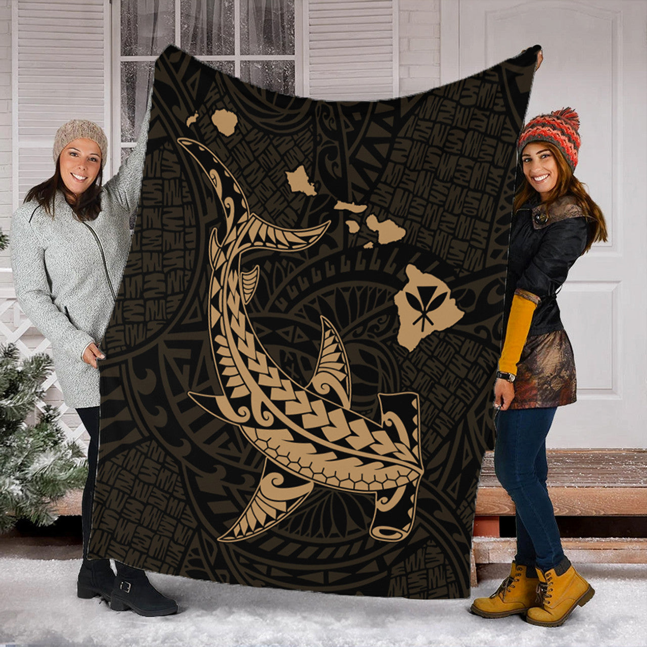 Hawaii Hawaiian Native Map Hammerhead Shark Gold Premium Blanket