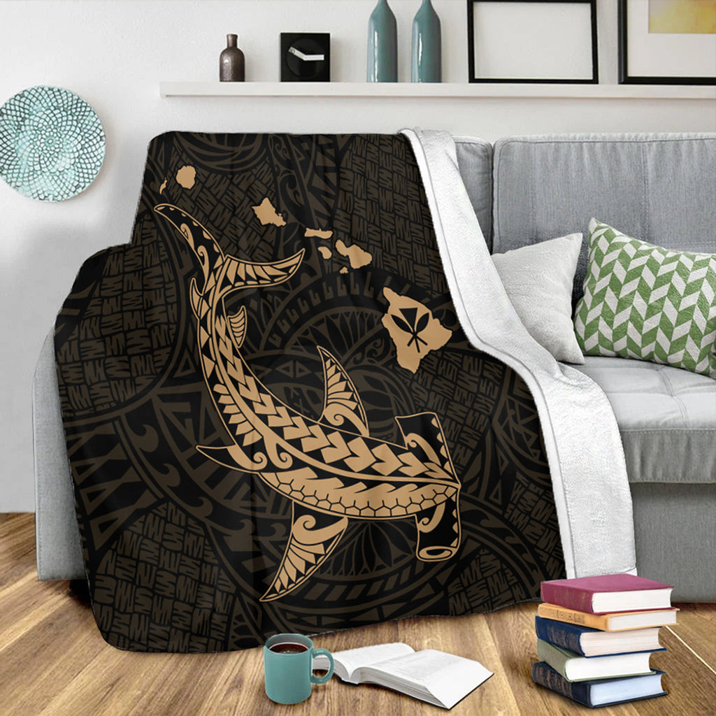 Hawaii Hawaiian Native Map Hammerhead Shark Gold Premium Blanket