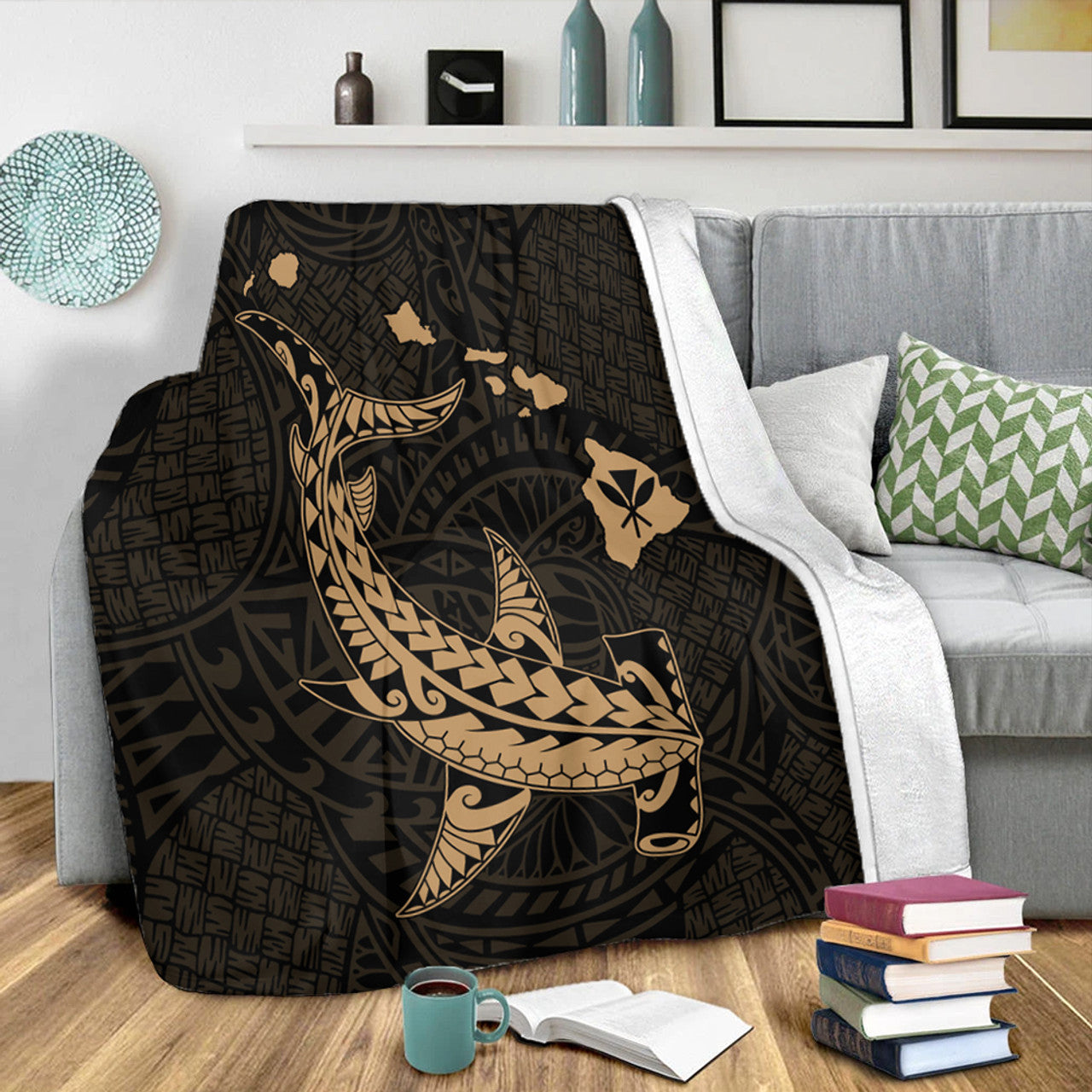Hawaii Hawaiian Native Map Hammerhead Shark Gold Premium Blanket