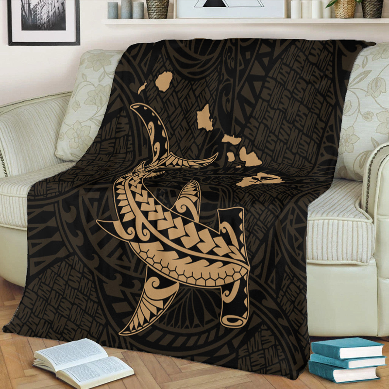 Hawaii Hawaiian Native Map Hammerhead Shark Gold Premium Blanket